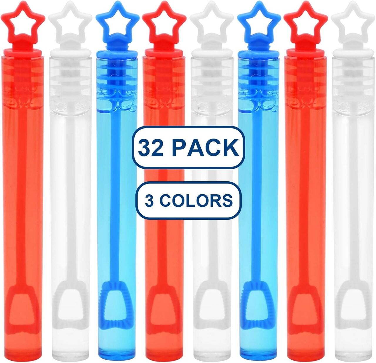 32 Pack Mini Star Bubble Wands for Kids Party Favors, Assorted Red, White Blue Bubble in Bulk Summer Toy